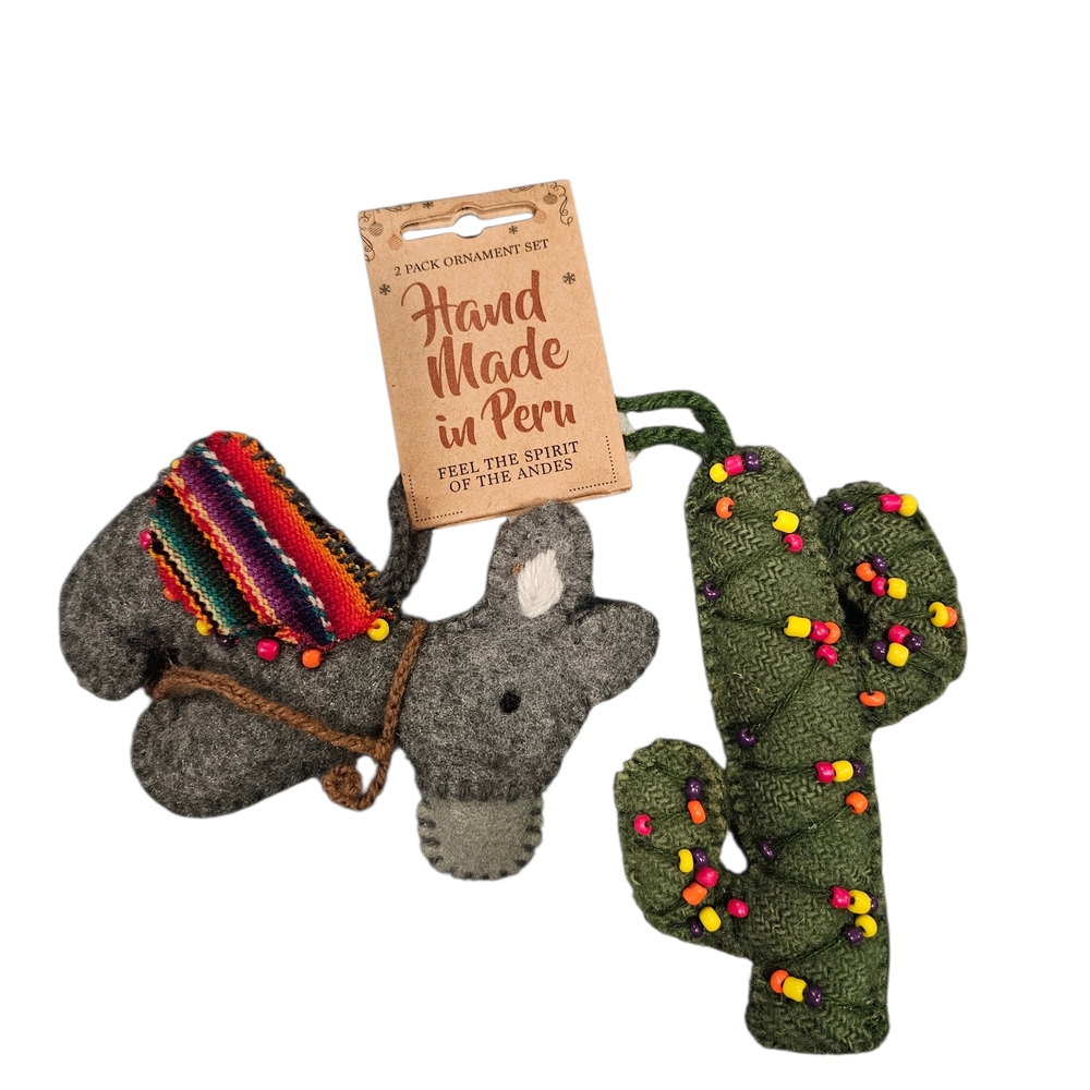 Handmade Peruvian Donkey and Cactus Ornament Set